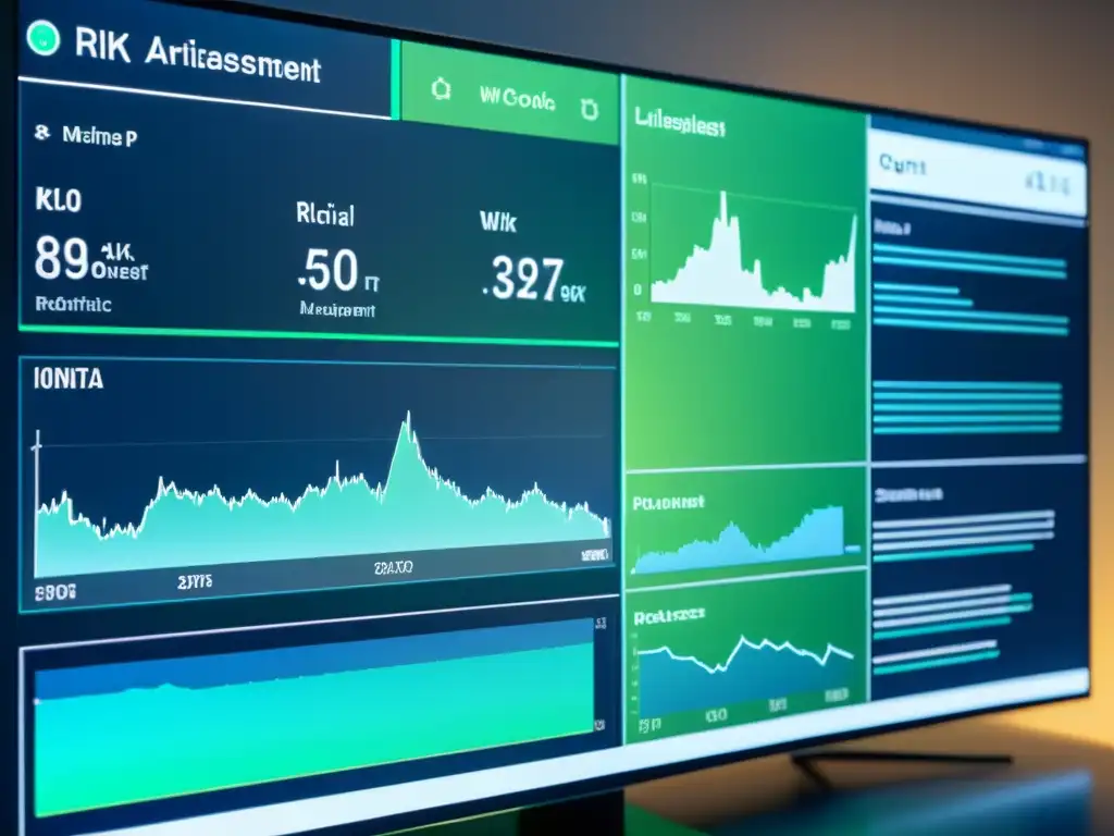 Una interfaz de inteligencia artificial futurista y minimalista muestra visualizaciones de datos detalladas y algoritmos de gestión de riesgos
