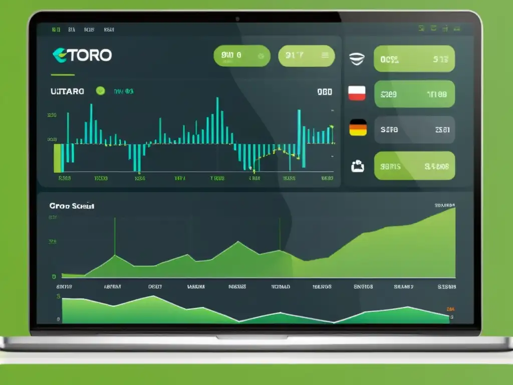 Interfaz minimalista de la plataforma de trading Etoro, con diseño elegante y herramientas específicas para el mercado austriaco