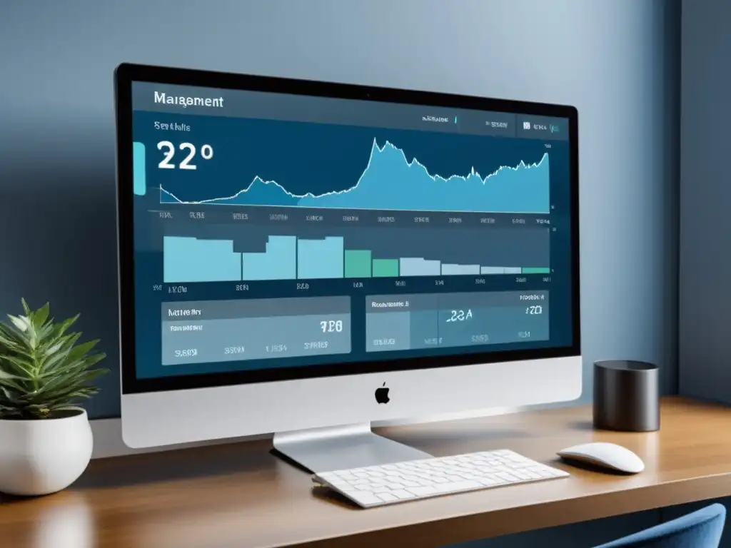 Interfaz minimalista de software de gestión financiera para emprendedores en tonos azules y grises, con gráficos intuitivos y diseño profesional