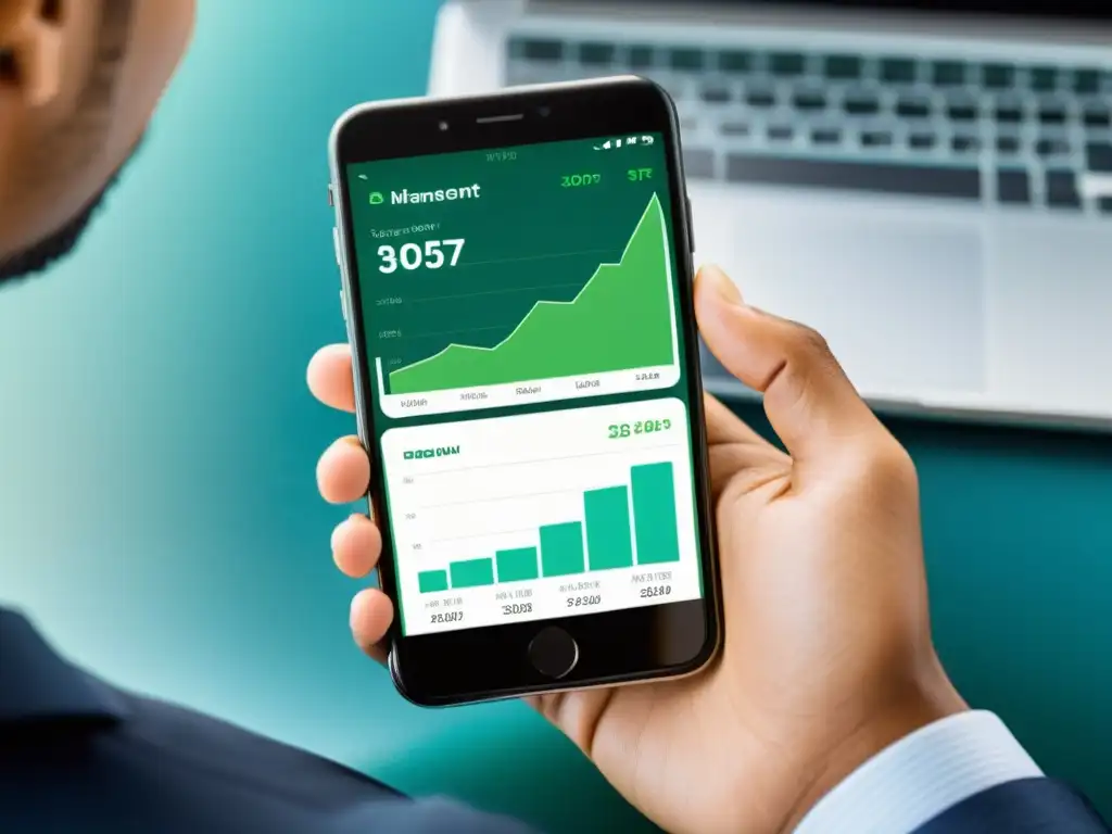 Interfaz moderna de app de gestión financiera con gráficos intuitivos en tonos suaves