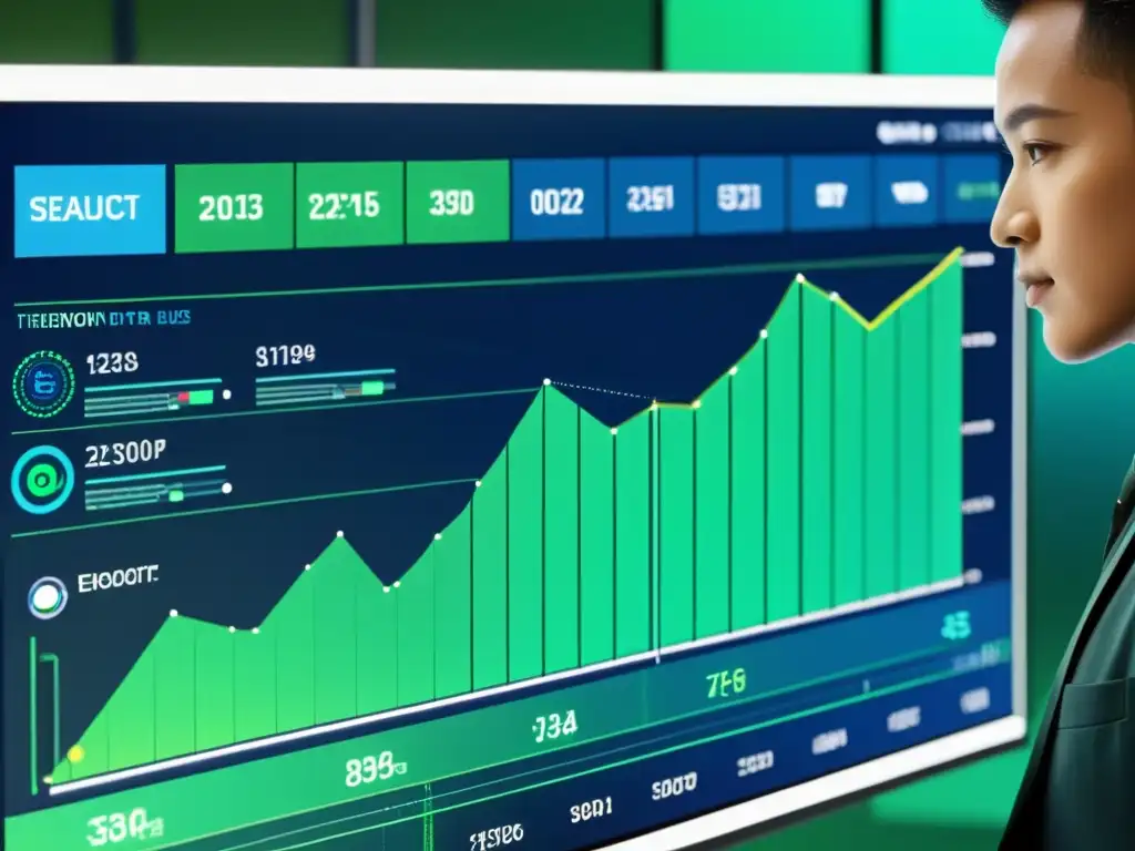 Interfaz AI moderna que muestra datos financieros junto a patrones geométricos, gráficos futuristas y líneas de código