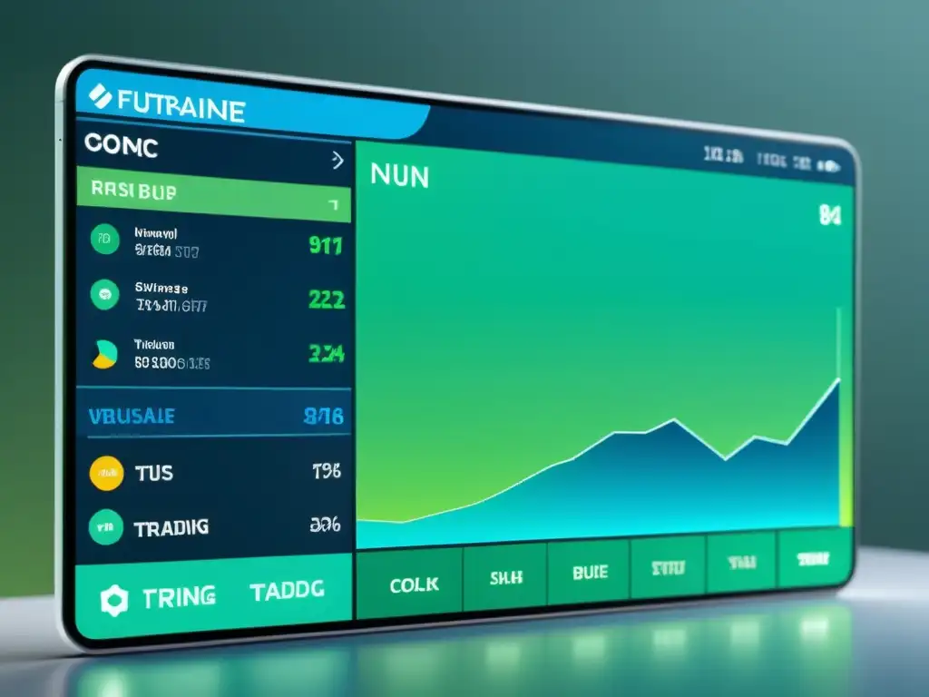 Interfaz de plataforma de trading descentralizada, diseño futurista en azules y verdes, transmite innovación y confianza