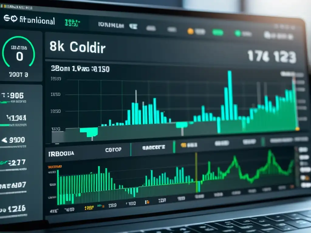 Una interfaz de plataforma de trading moderna y minimalista en 8k, con gráficos en tiempo real y un esquema de color monocromático