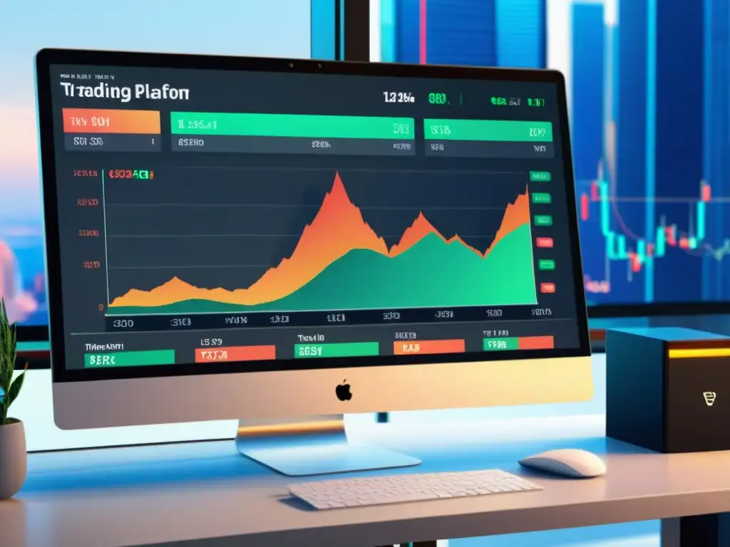 Interfaz de plataforma de trading moderna y sofisticada, con gráficos financieros y datos de mercado en tiempo real