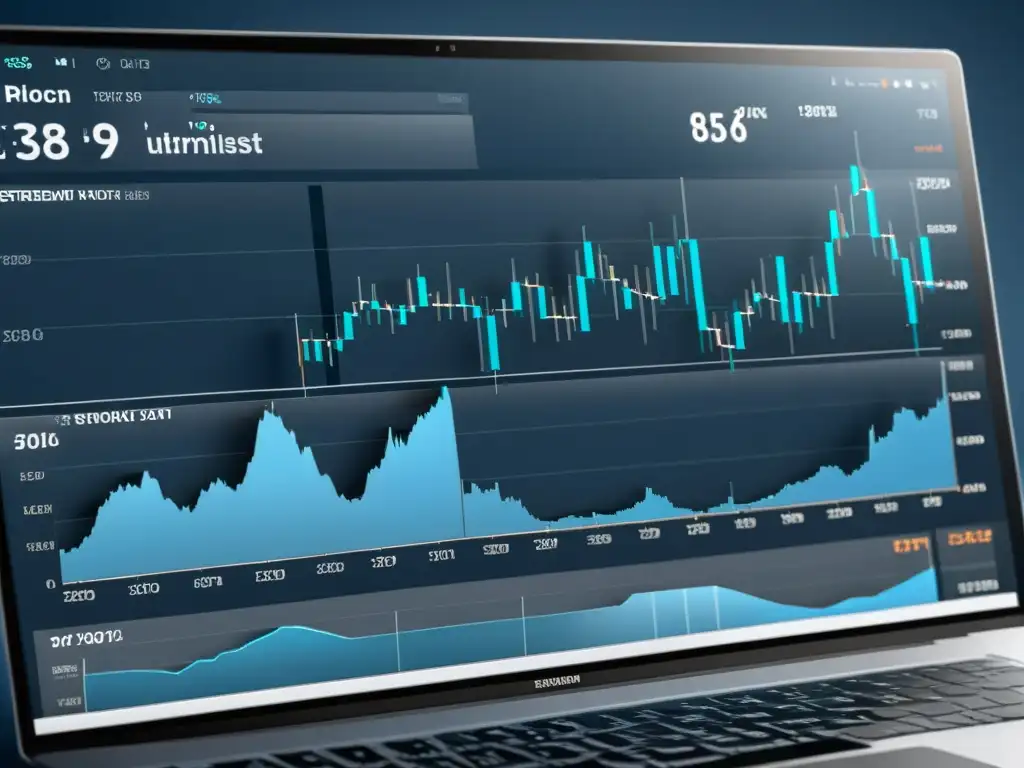 Interfaz de plataforma de trading moderna con gráficos dinámicos de stocks y datos de mercado en tiempo real, diseño elegante en tonos de azul y gris