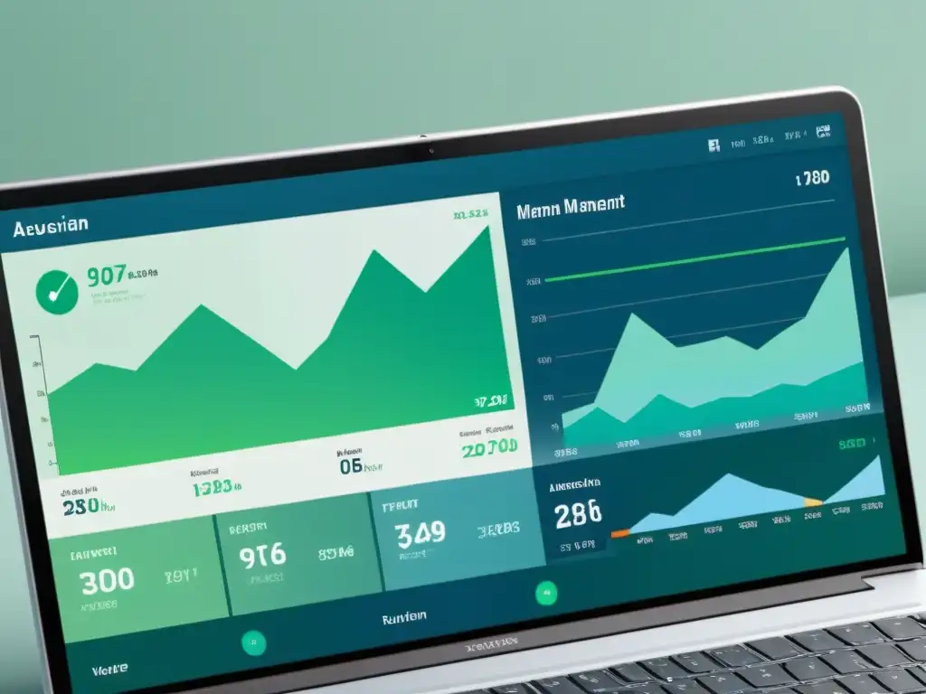 Interfaz de software gestión financiera con diseño minimalista y eficiente, gráficos e iconos, en tonos de azul y verde