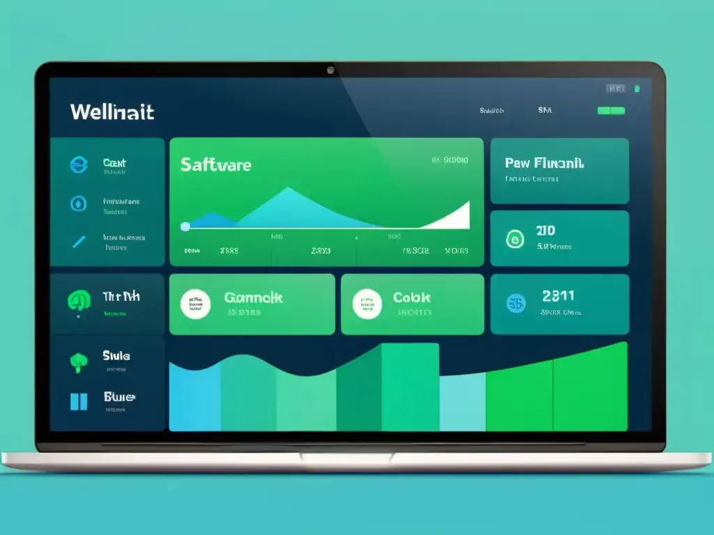 Interfaz de software de gestión financiera con principios económicos, diseño moderno y colores profesionales