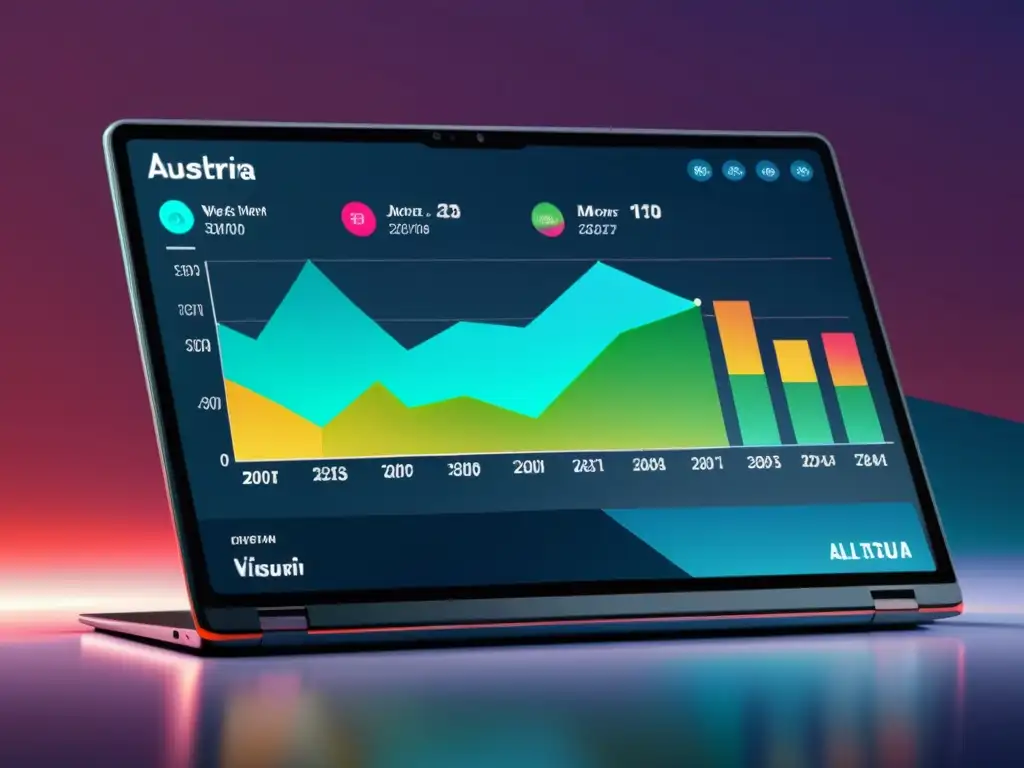 Interfaz de software AI moderna con visualizaciones de datos vibrantes y movimientos dinámicos, representando el análisis económico de Austria