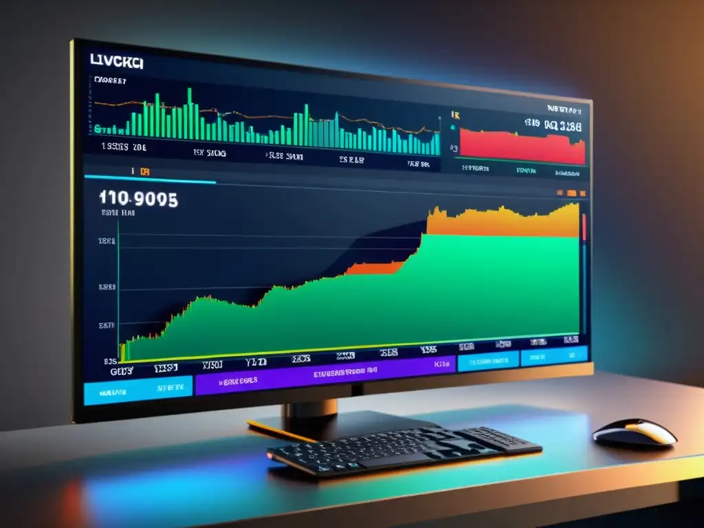 Interfaz de trading financiero ultradetallada con herramientas IA para inversor individual, diseño minimalista y colores futuristas vibrantes