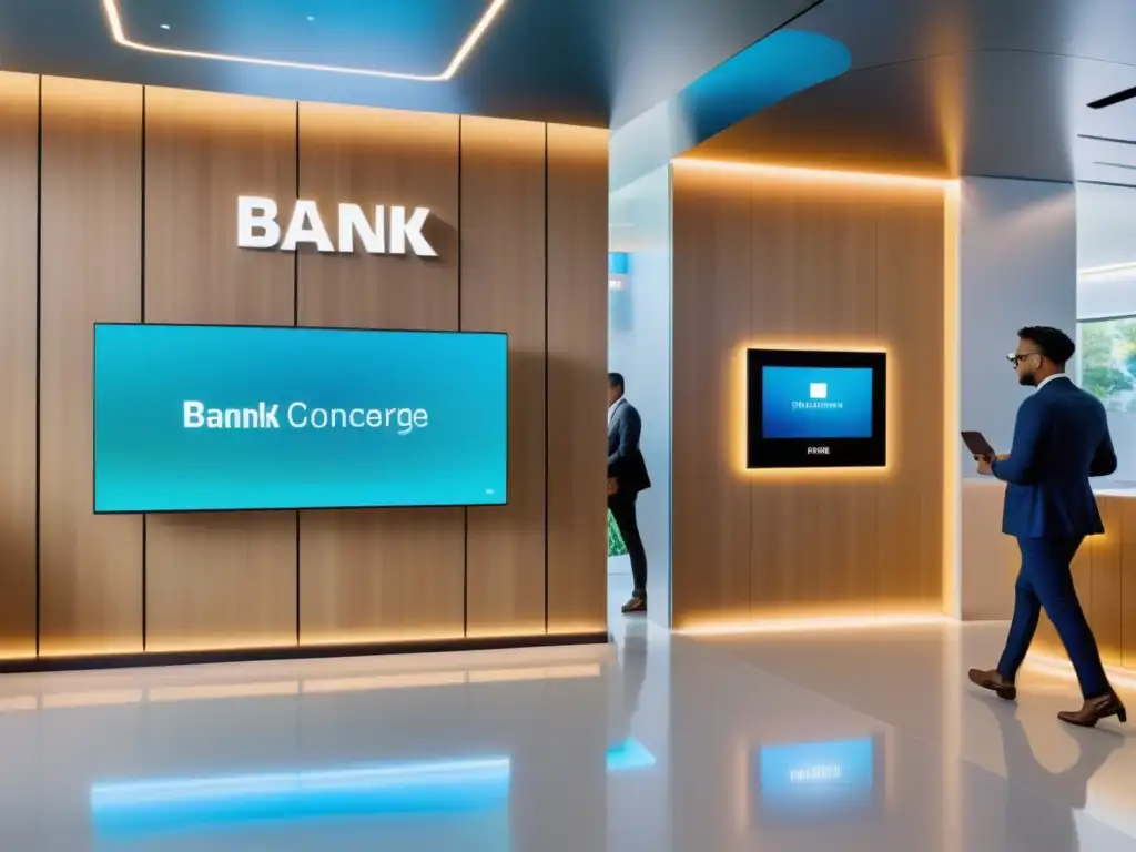 Interior futurista de sucursal bancaria neobancaria con diseño minimalista, tecnología holográfica y clientes usando realidad virtual