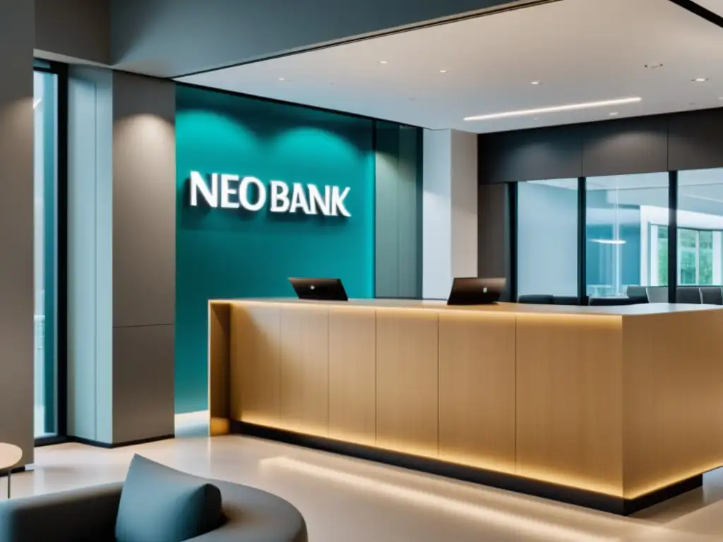 Interior minimalista de sucursal neobancaria, reflejando innovación y sofisticación en la transformación de la banca neobancaria