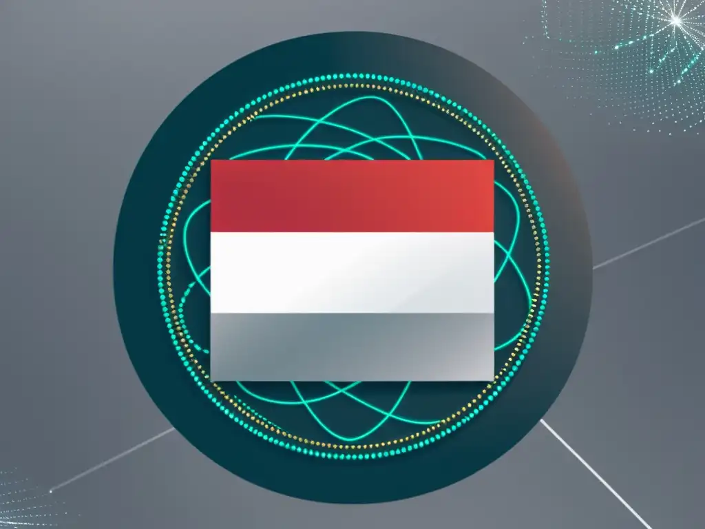 Una interpretación futurista y minimalista de la bandera austriaca con nodos transparentes que simbolizan transacciones de criptomonedas