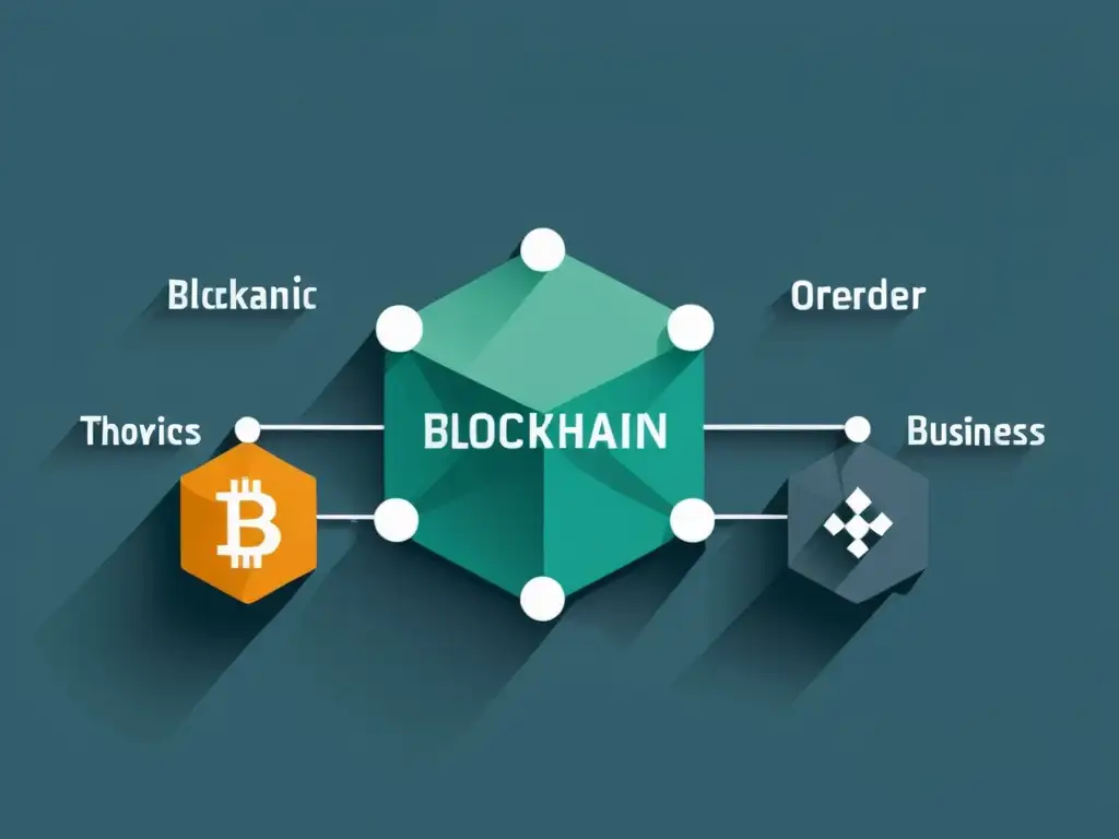 Interpretaciones austriacas revolución blockchain: Ilustración minimalista de una red de bloques interconectados con teorías económicas austriacas