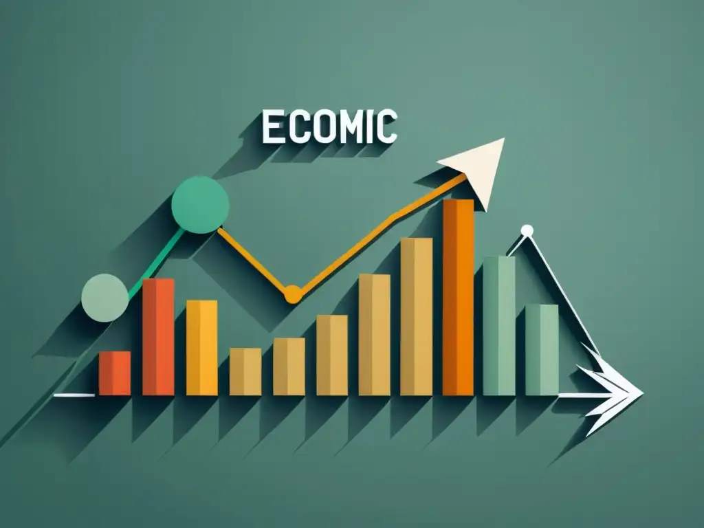 Interpretaciones monetaristas ciclo económico: Ilustración minimalista de un ciclo económico estilizado con flechas y datos clave