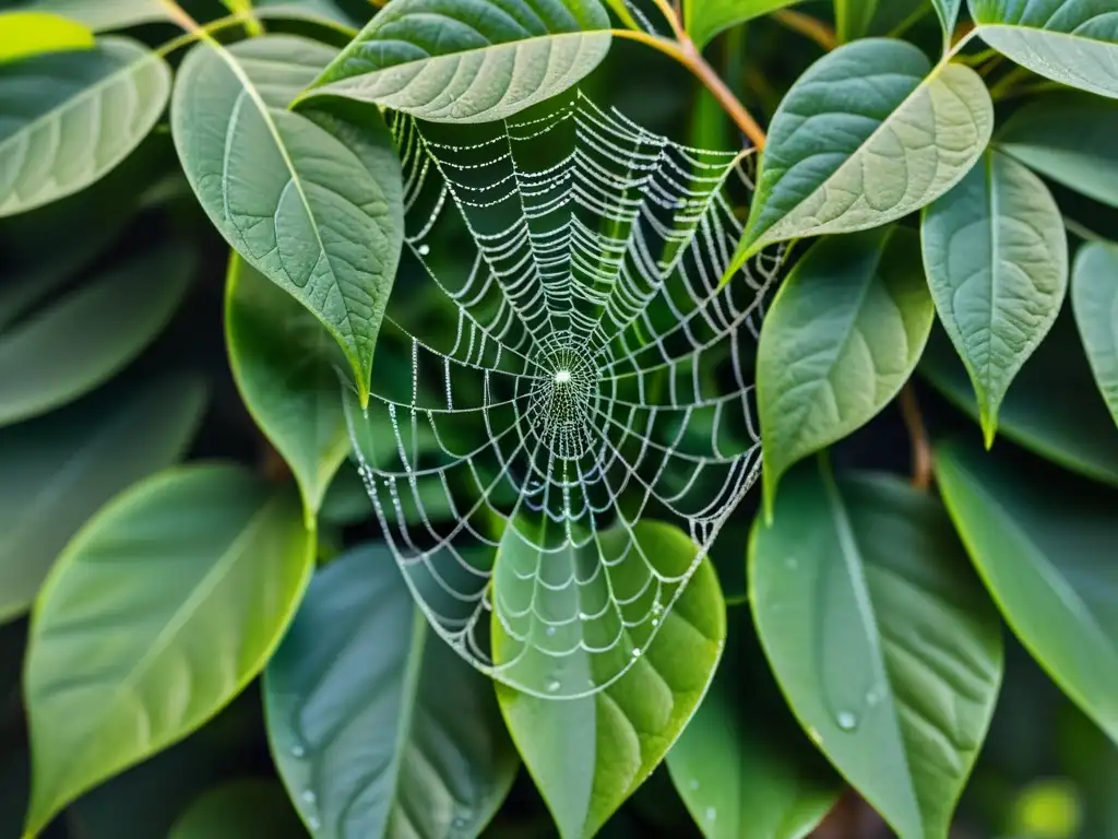 Una intrincada telaraña entre hojas verdes, capturando el resplandor del sol