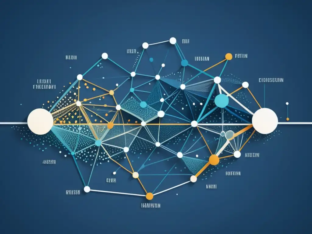 Un intrincado entramado de ciclos económicos interconectados en una imagen minimalista de 8k, en tonos azules y metálicos