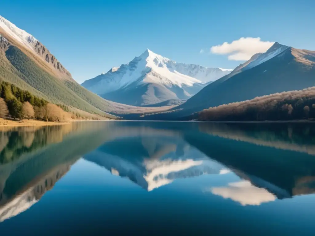 Lago sereno reflejando montañas nevadas Inversiones a largo plazo visión austriaca: Un lago sereno reflejando montañas, cielo azul y calma absoluta
