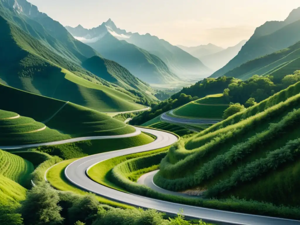 Inversión a largo plazo en Austria: sendero de crecimiento y estabilidad Inversiones a largo plazo: un viaje visual por la perspectiva económica austriaca, con un camino serpenteante rodeado de exuberante vegetación y montañas imponentes