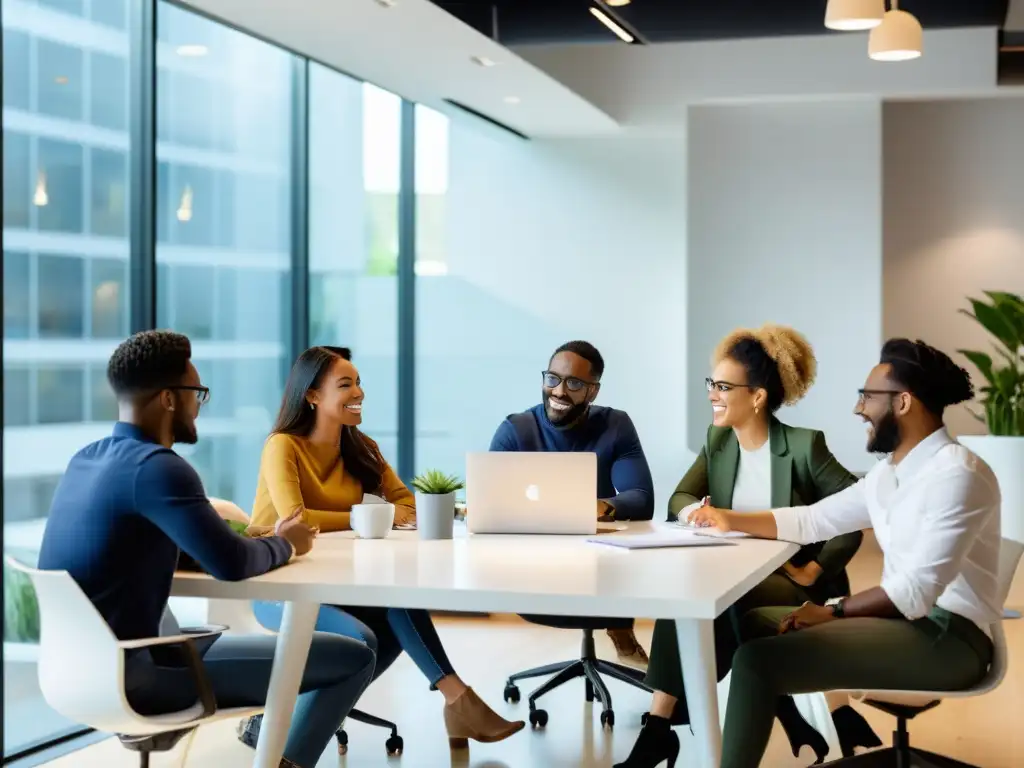 Jóvenes emprendedores colaboran en un ambiente dinámico y creativo, aplicando técnicas austriacas para startups exitosas