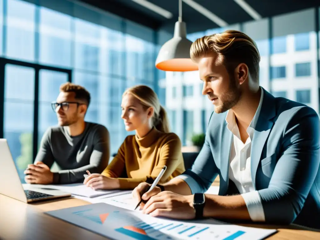 Jóvenes emprendedores planifican estrategias austriacas para startups en una oficina moderna con luz natural y tecnología innovadora