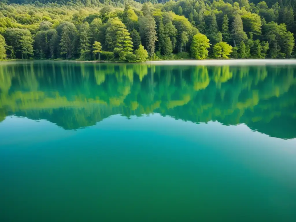 Un lago cristalino en medio de un bosque exuberante transmite calma y armonía, ideal para la prevención de crisis según Escuela Austriaca