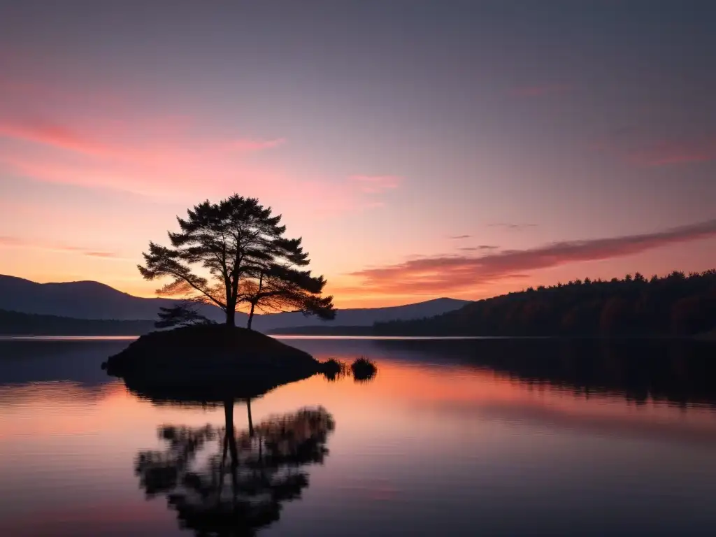 Un lago sereno al atardecer reflejando los tonos naranjas y rosados del cielo