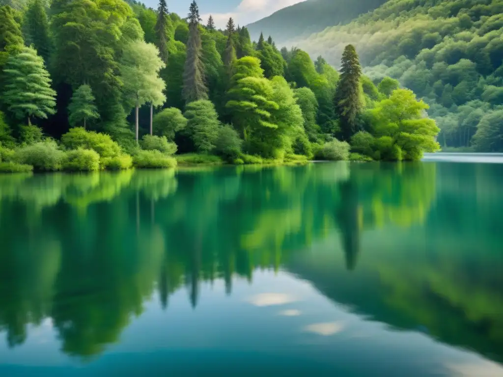 Un lago sereno rodeado de altos árboles, reflejando la exuberante vegetación