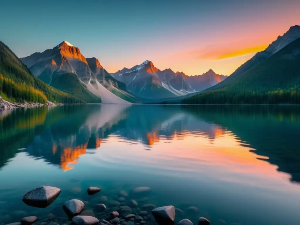 Un lago sereno rodeado de imponentes montañas, reflejando los colores vibrantes de un atardecer