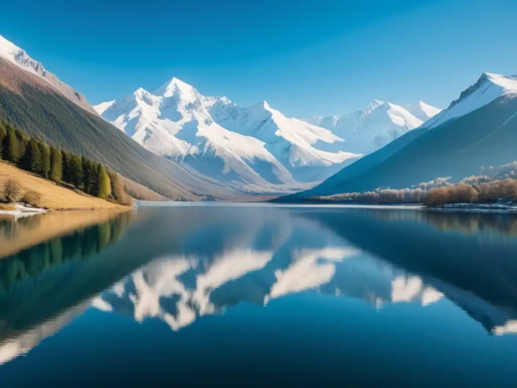 Un lago sereno rodeado de montañas nevadas, reflejando la calma del cielo azul