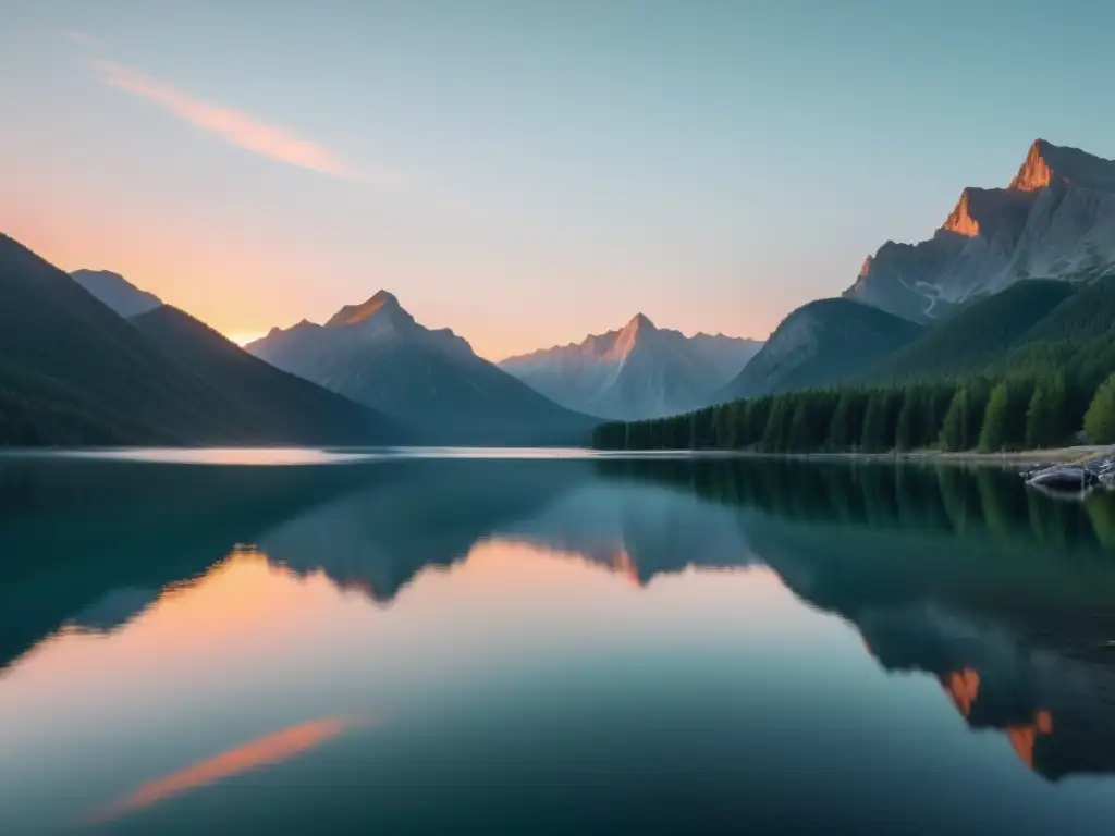 Un lago sereno rodeado de montañas, reflejando el cielo al atardecer