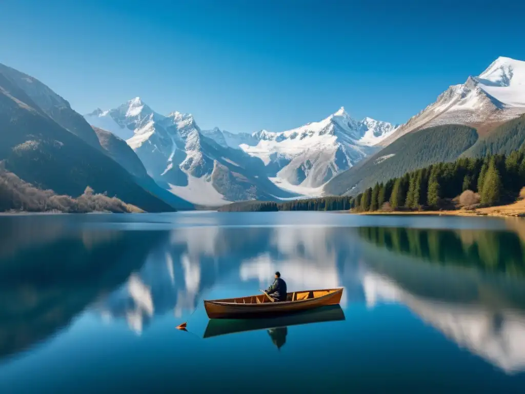 Un lago sereno rodeado de montañas nevadas, con un cielo azul y un bote solitario, evocando calma y contemplación en psicología del consumidor economías traumatizadas