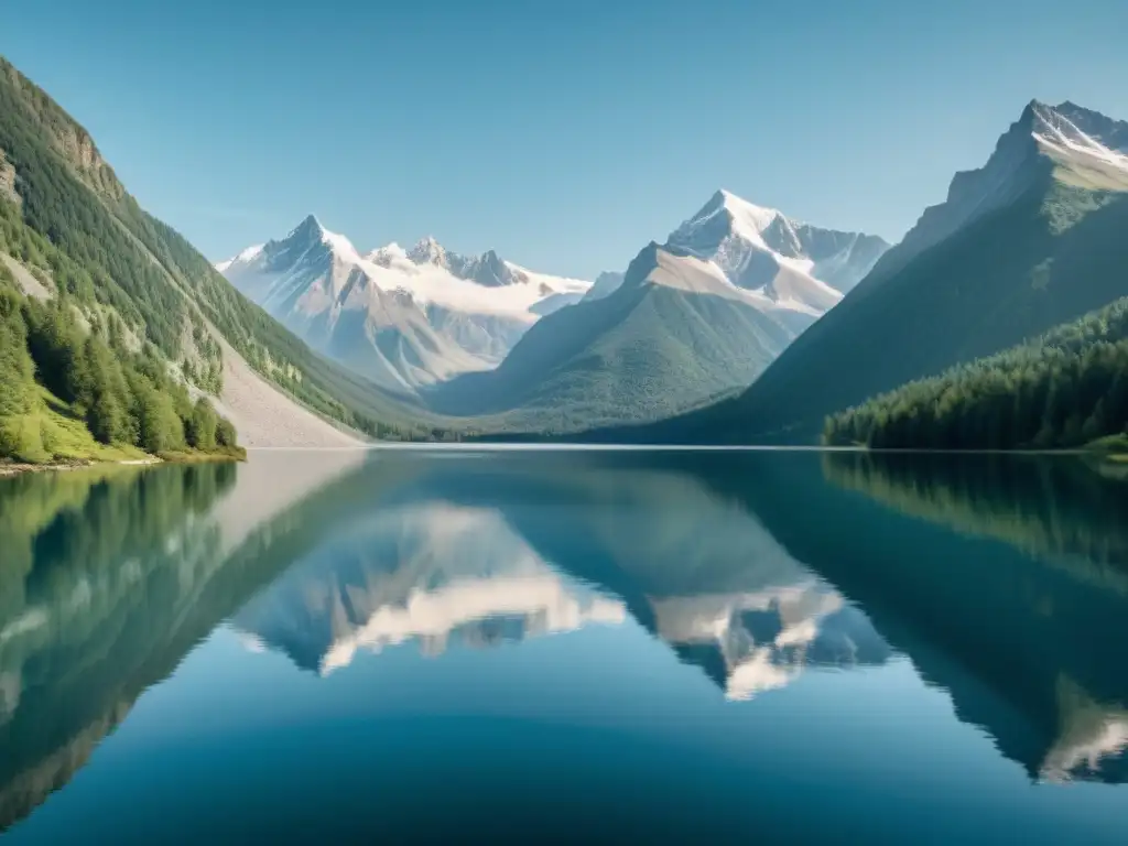 Un lago sereno rodeado de montañas, reflejando la tranquilidad del cielo y la naturaleza, evocando una perspectiva austriaca de regulación de seguros