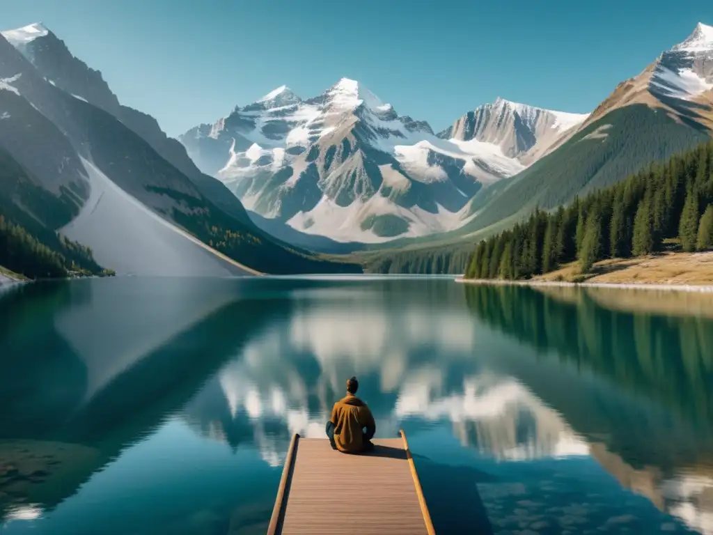 Un lago sereno rodeado de montañas nevadas, reflejando la paz y estabilidad