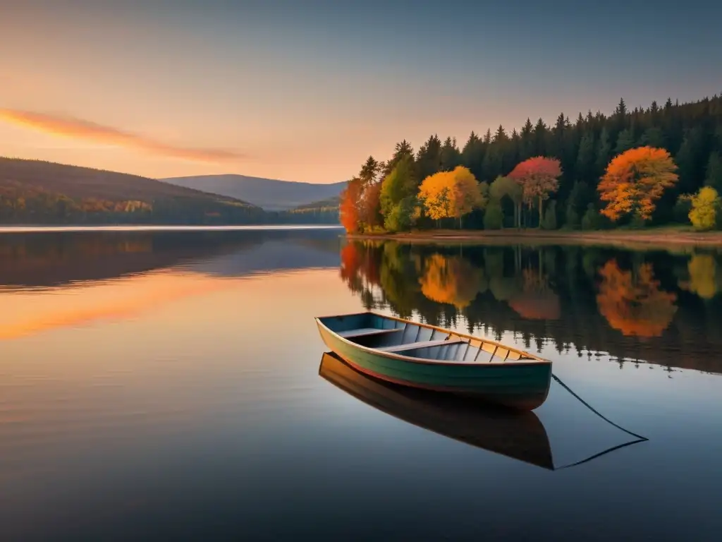 Atardecer sereno en lago tranquilo Un lago tranquilo al atardecer reflejando la calidez del cielo y la naturaleza