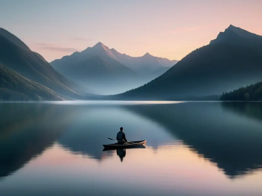 Un lago tranquilo al atardecer, reflejando montañas, bajo un cielo de tonos pastel