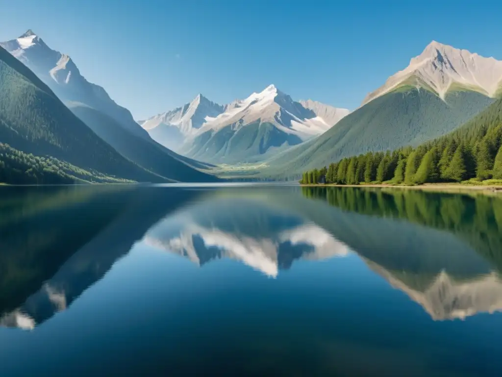 Un lago tranquilo reflejando montañas bajo cielo azul