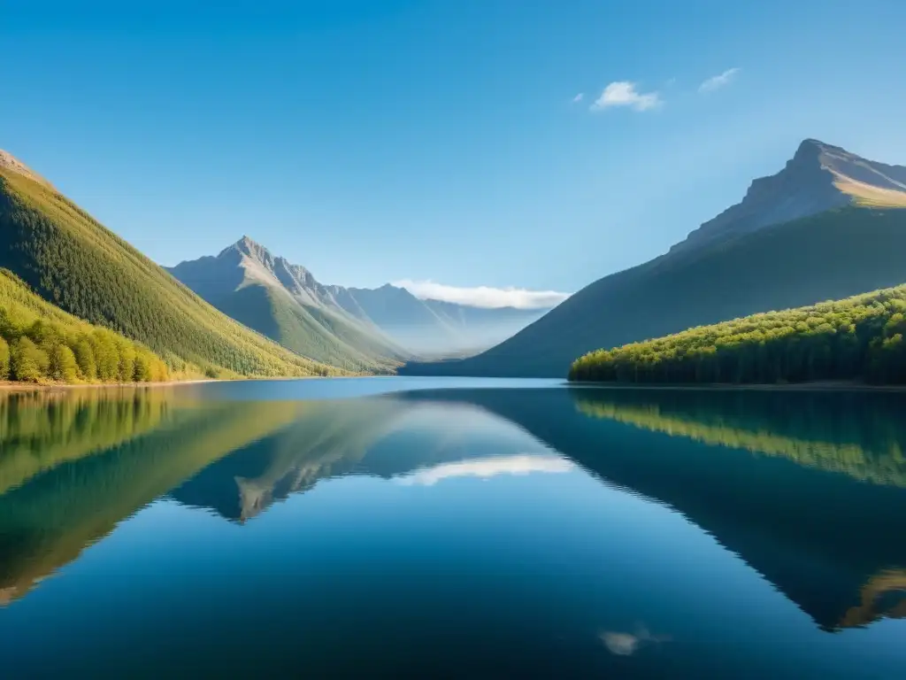 Un lago tranquilo rodeado de montañas refleja un cielo azul claro