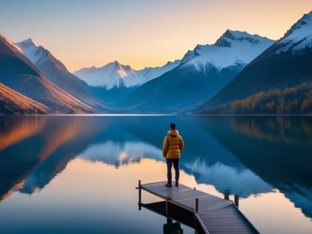 Un lago tranquilo rodeado de montañas nevadas, reflejando el cielo al atardecer