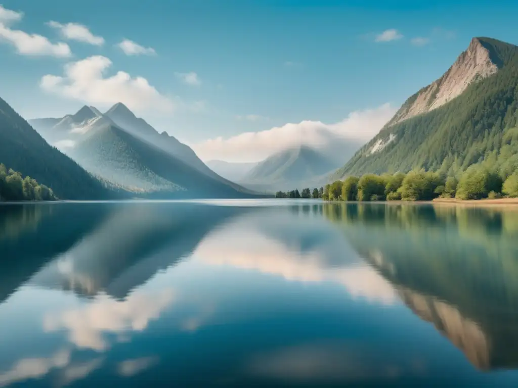 Un lago tranquilo rodeado de montañas, reflejando un paisaje sereno