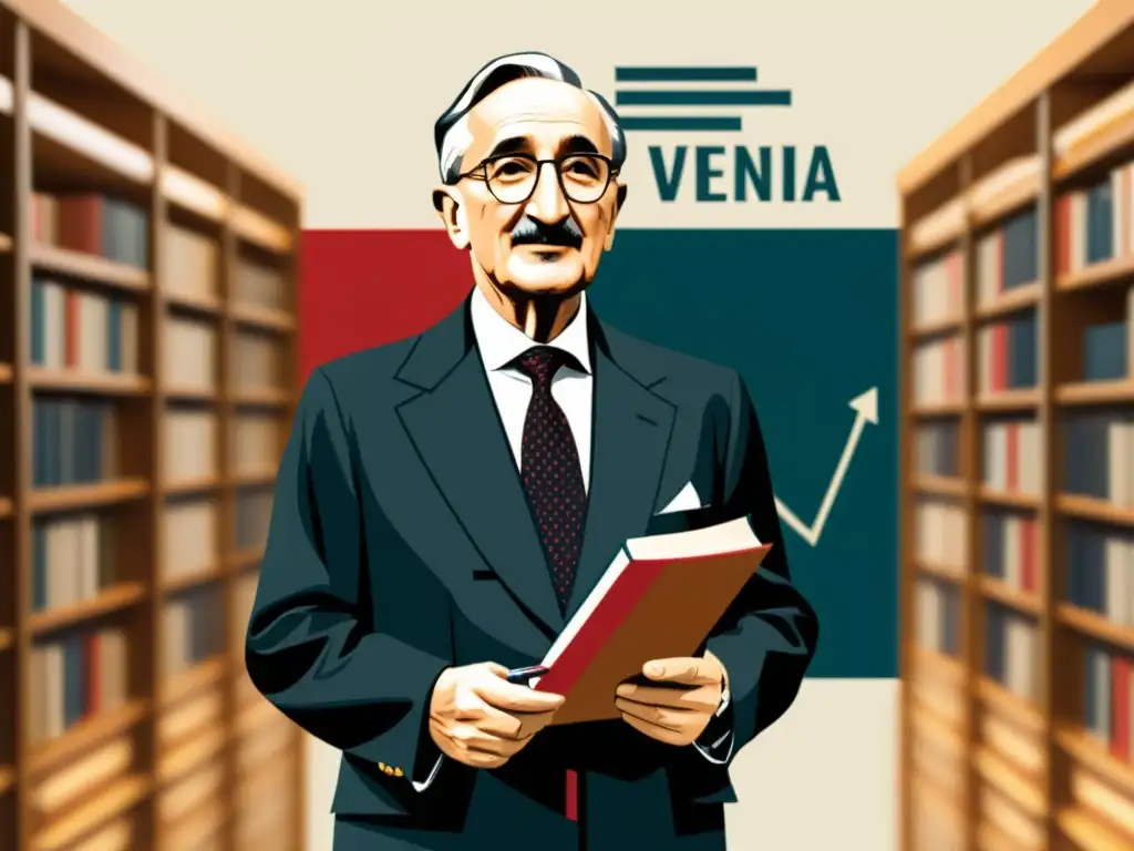 Friedrich Hayek en la Universidad de Viena, con libros y gráfico, refleja el viaje intelectual de la Escuela Austriaca de Economía