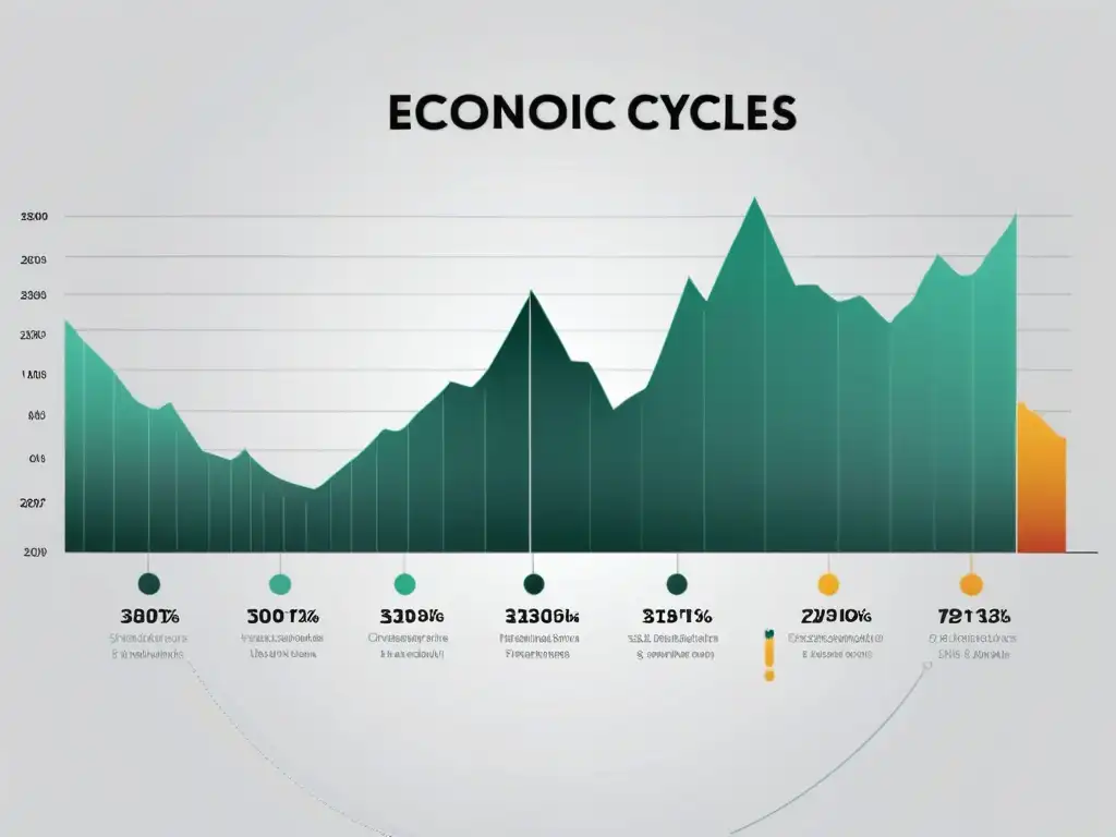 Gráfica de líneas detallada en 8k de ciclos económicos con herramientas austriacas para ciclos económicos, mostrando picos y caídas precisas