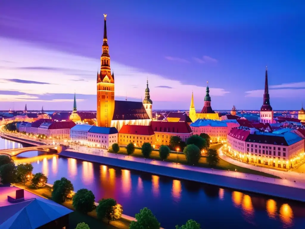 La majestuosa ciudad de Riga, Letonia, con el Monumento a la Libertad en primer plano y rascacielos modernos al fondo