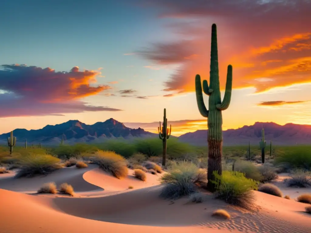 Un majestuoso paisaje desértico con un solitario cactus saguaro destacando contra un vibrante atardecer