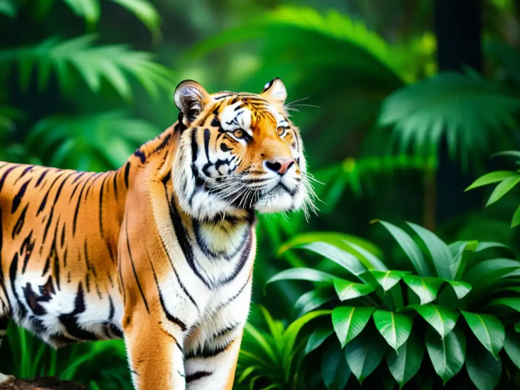 Un majestuoso tigre en la exuberante selva, emana poder y gracia, evocando la libertad económica Escuela Austriaca