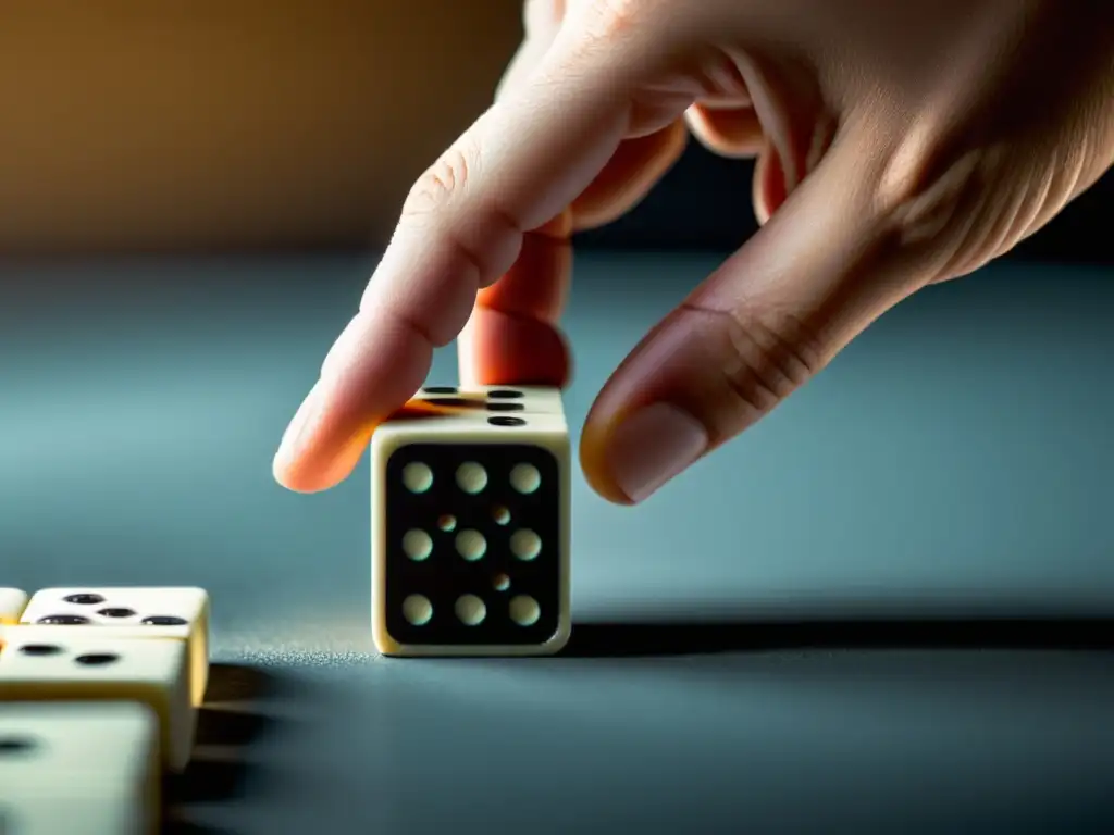 Mano colocando domino en equilibrio, representación visual del axioma de acción praxeología teoría económica