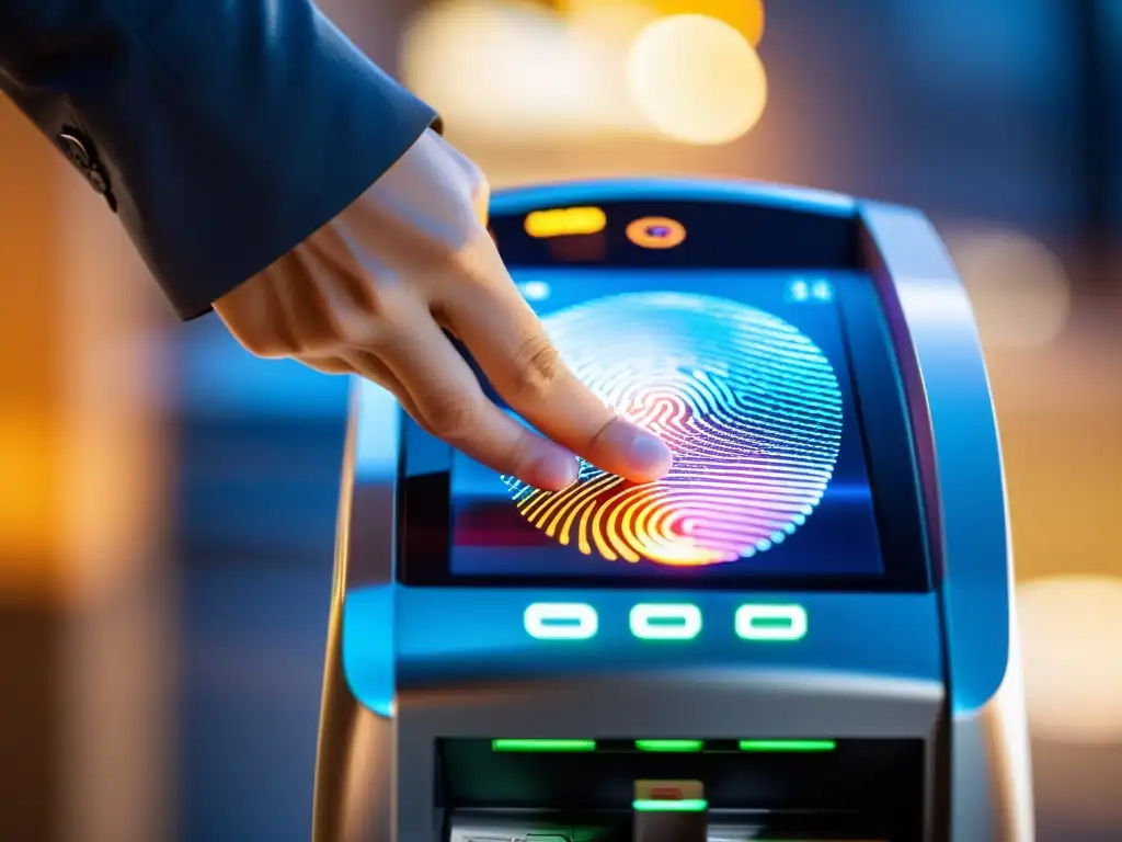 Mano escaneando huella en terminal de pago biométrico, con detalles visibles y luz cálida, transmitiendo la privacidad en sistemas de pago biométricos