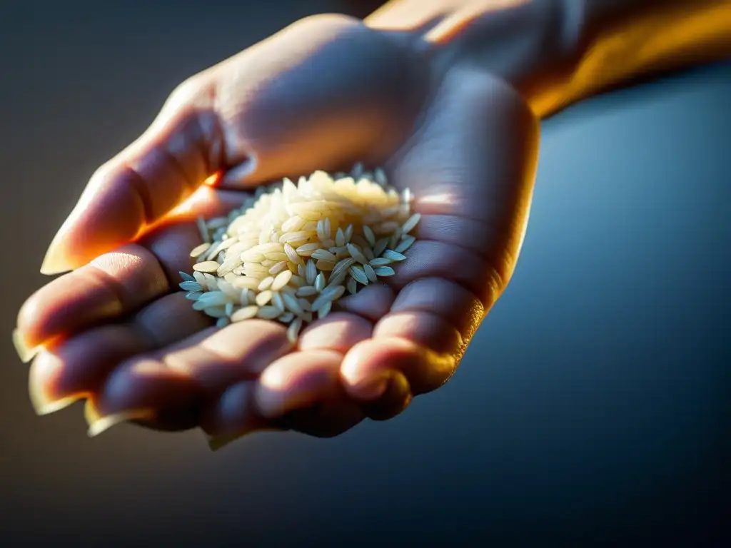 Una mano humana sostiene con delicadeza un solo grano de arroz, destacando texturas detalladas