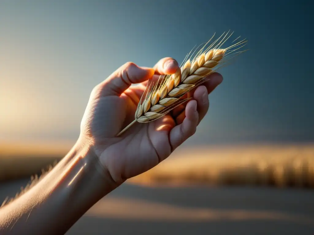 Mano humana sosteniendo un grano de trigo: detalle ultraminimalista en 8k Una mano humana sostiene suavemente un grano de trigo, iluminada por luz natural