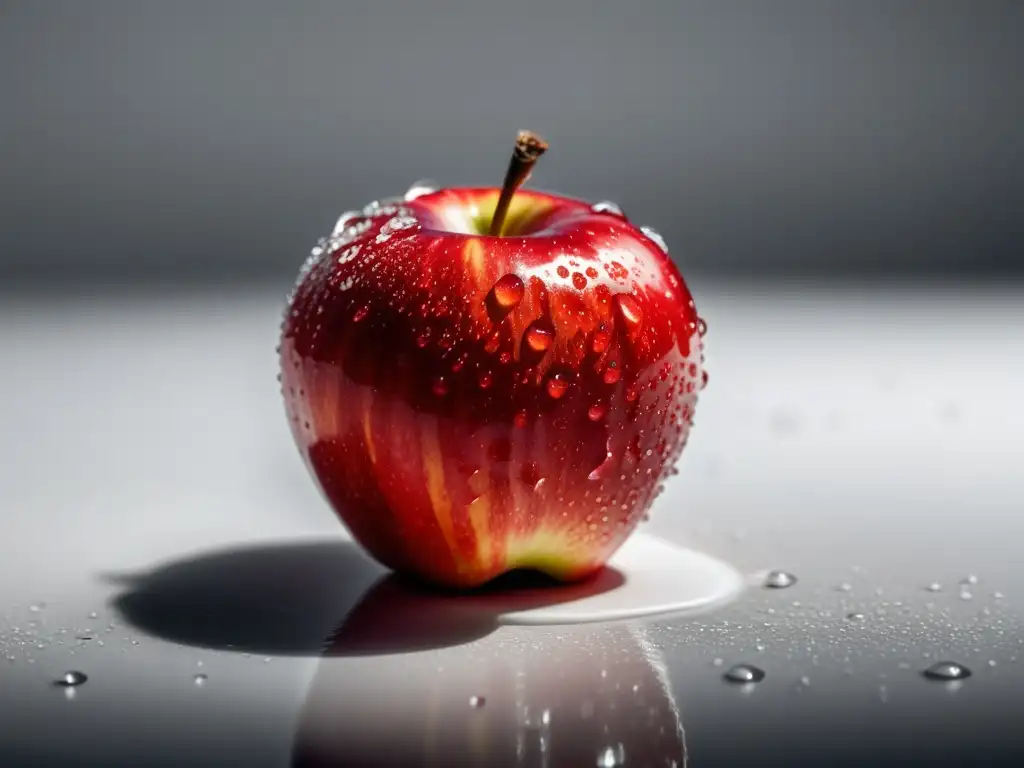 Una manzana roja con gotas de agua, iluminada de forma perfecta