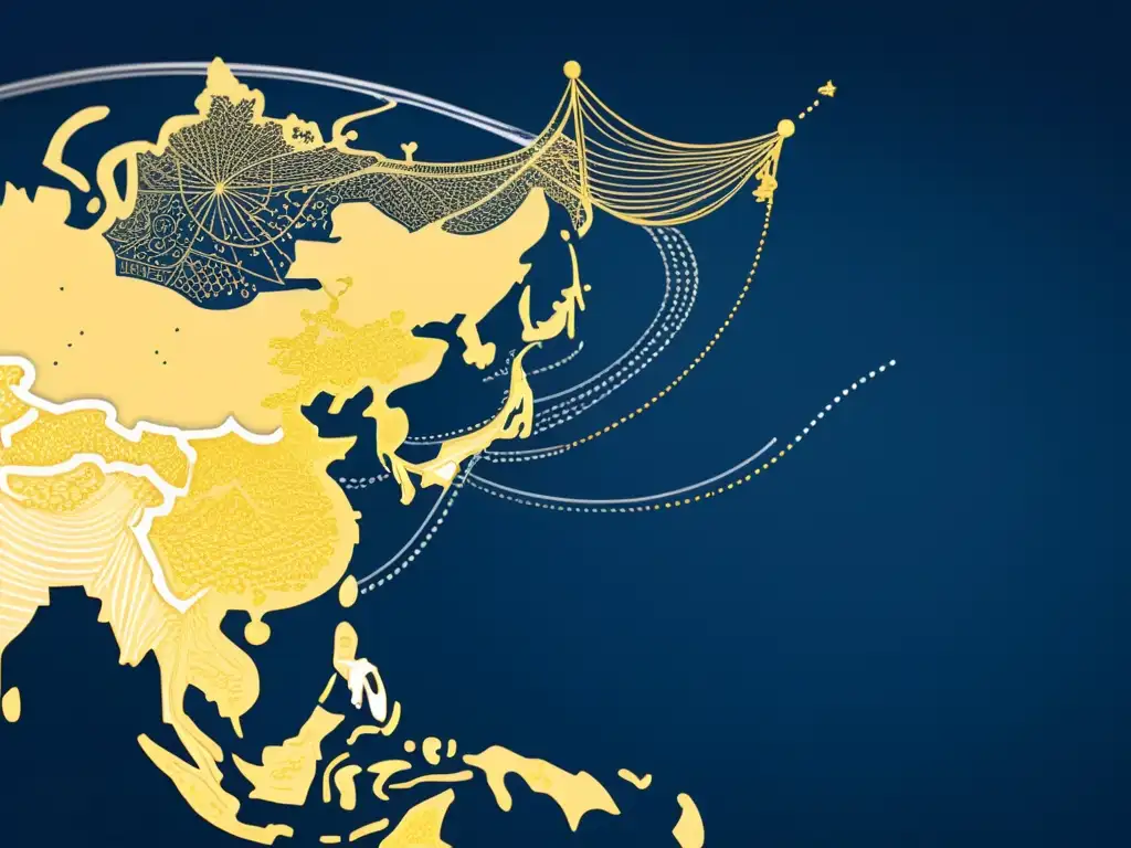 Mapa detallado de Asia en ilustración digital minimalista, mostrando la influencia económica y las conexiones comerciales